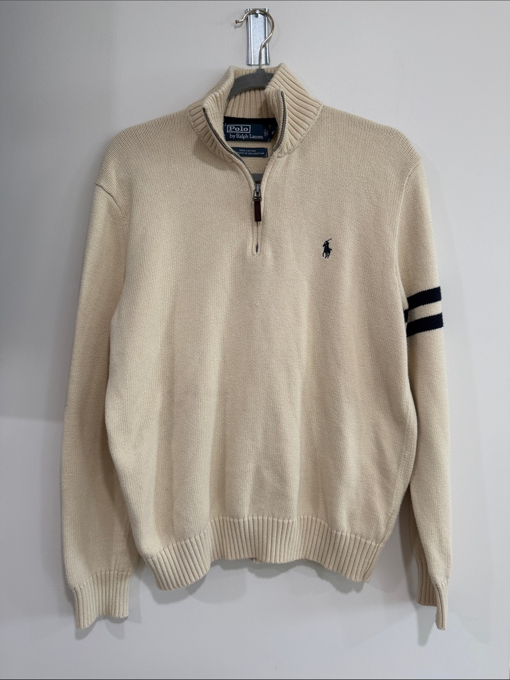 Polo by Ralph Lauren Cream Zip-Neck Sweater with Navy Pony & Sleeve Stripes
